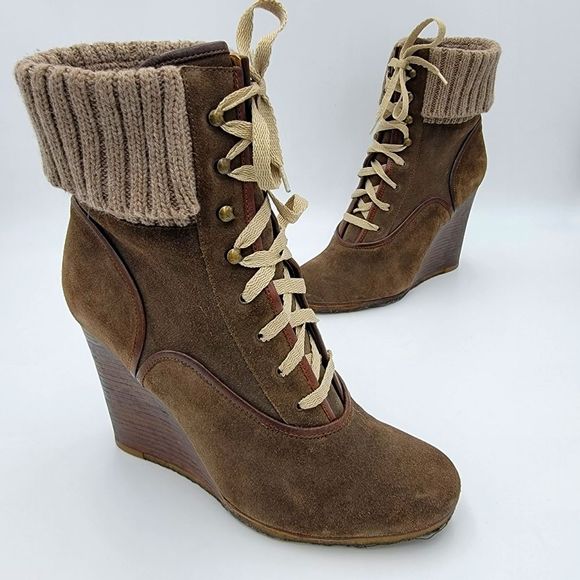 Chloe River Green Suede Lace Up Wedge Booties EU 40 US 9 - Picture 1 of 9